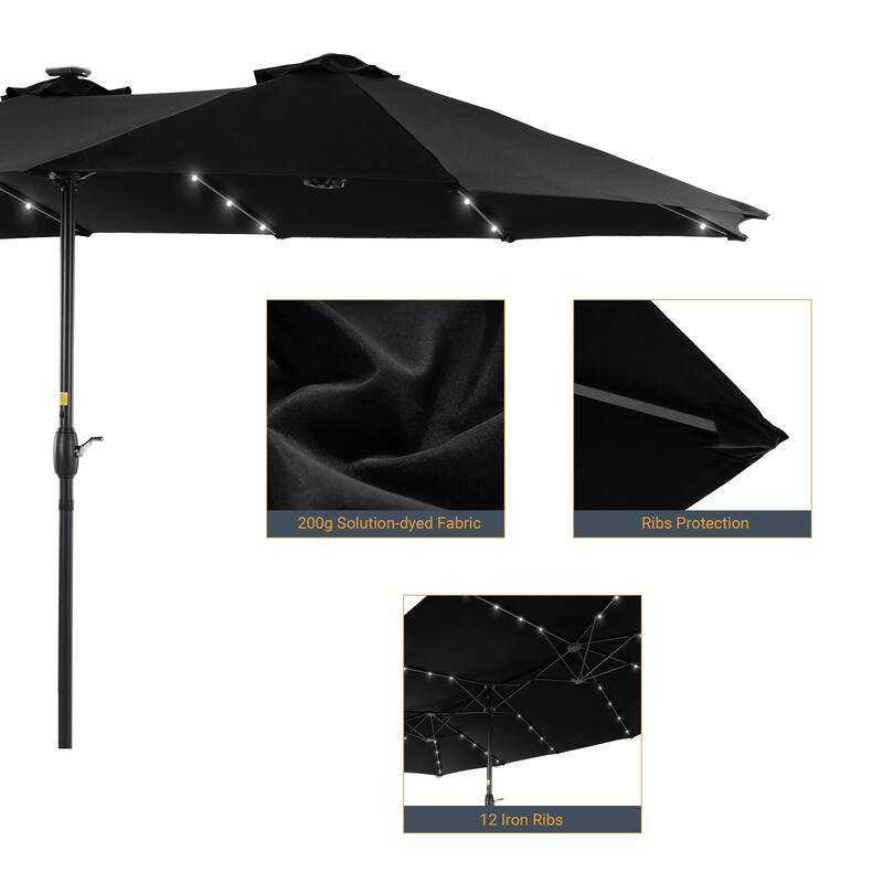 Livoosun 15×9FT LED Double-sided Patio Umbrella with BASE UPF50+ and Handle, and Wind-Resistant Design