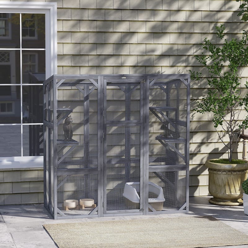 PawHut Catio Outdoor Cat Enclosure, Large Wooden Cat House with 6 Jumping Platforms, Weatherproof Roof