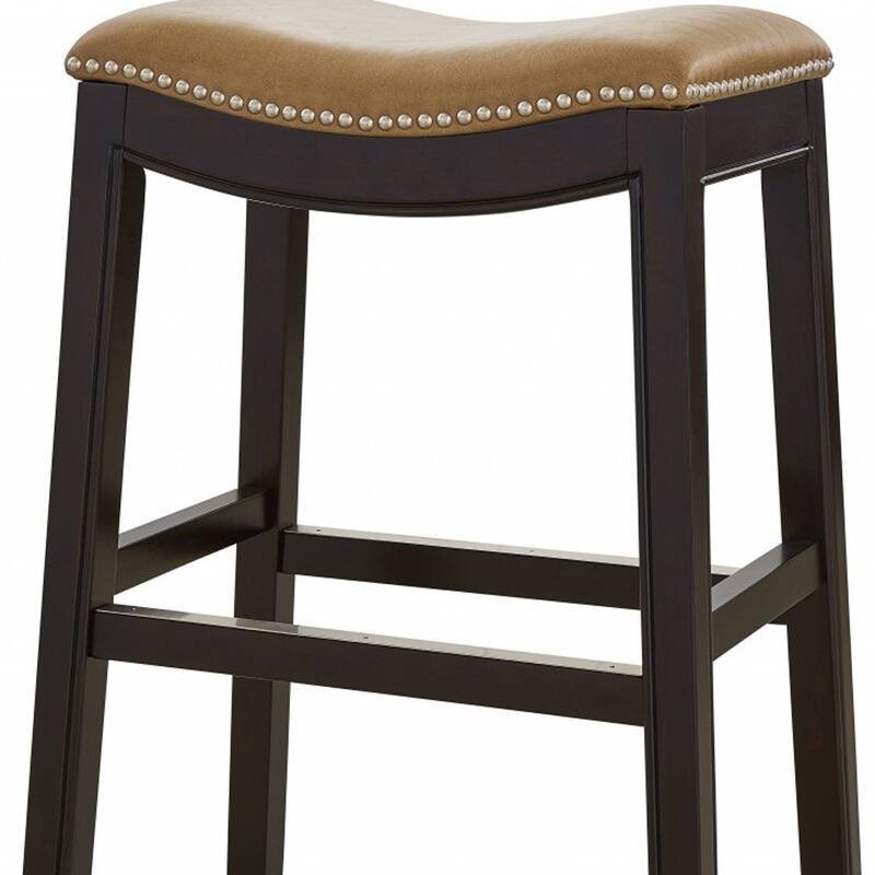 Linen Saddle Seat Bar Stool with Nail Head Trim and Footrest