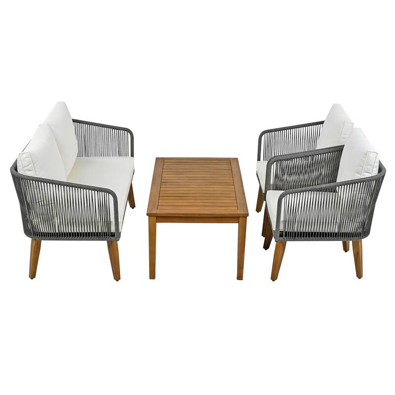 Patio Furniture Set with Loveseat, Rope Chairs & Beige Cushions, 4 Pcs