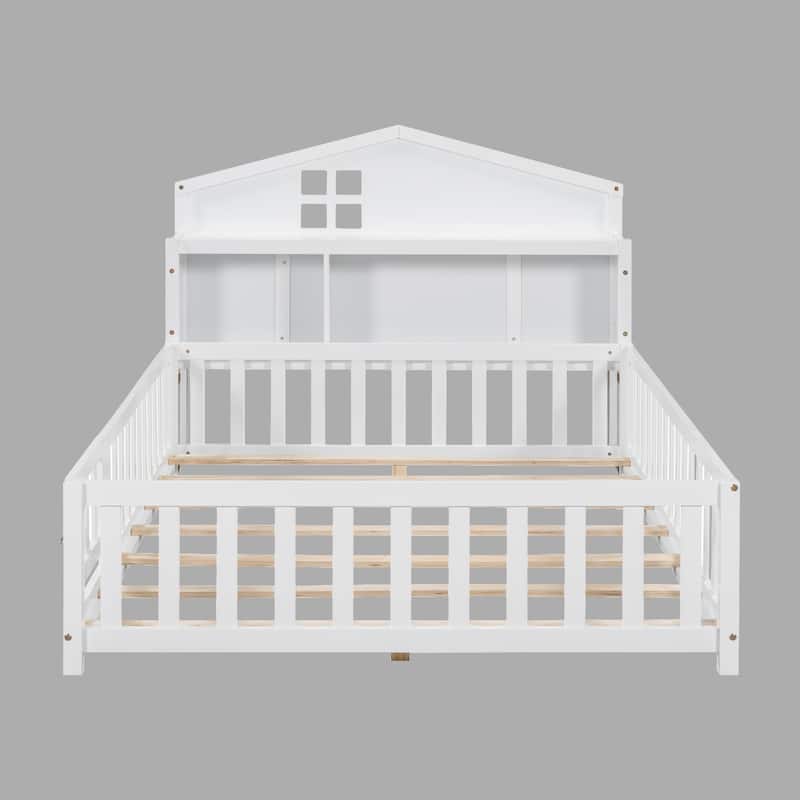 Kids Montessori Floor Bed with Bookcase and Blackboards, Full Size, Solid Wood with Guardrails for Safety