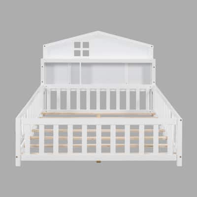 Kids Montessori Floor Bed with Bookcase and Blackboards, Full Size, Solid Wood with Guardrails for Safety