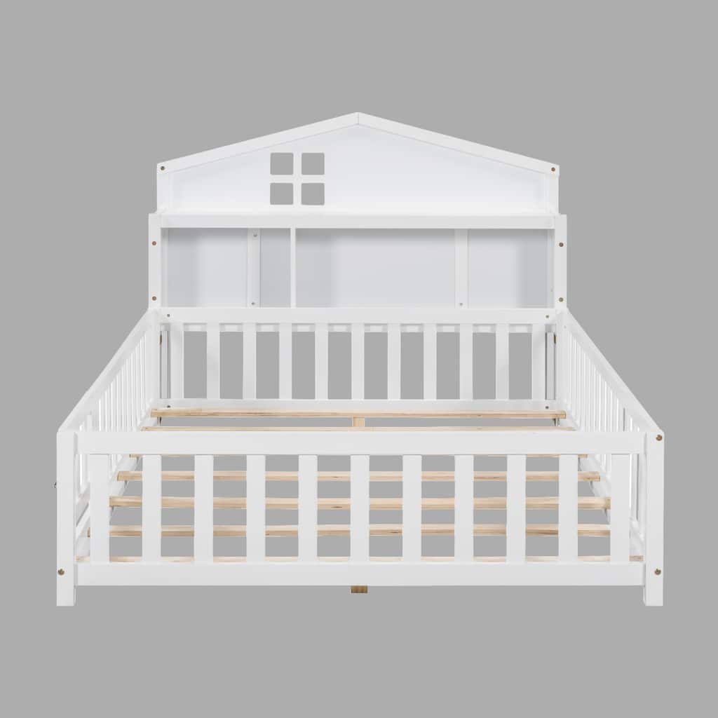 Kids Montessori Floor Bed with Bookcase and Blackboards, Full Size, Solid Wood with Guardrails for Safety
