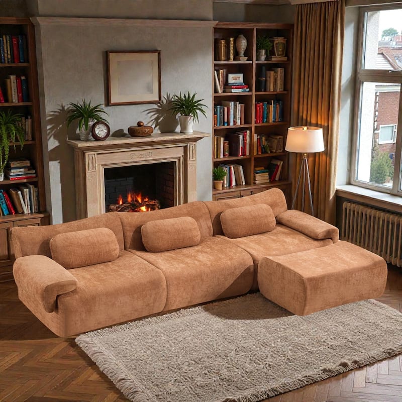 Modular Chenille Sofa Set with Armchair, Extra Large Deep Seat 3 Seater Compression Couch with Pillows