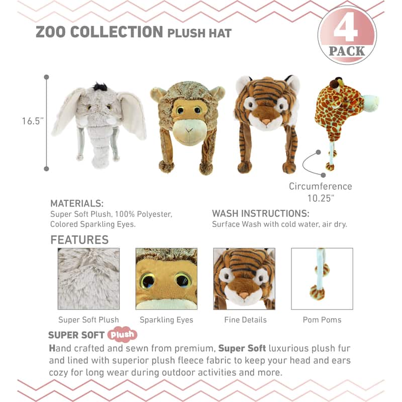 DolliBu Zoo Animal Plush Hat Set of 4 – Warm Hat with Ear Flaps - One Size