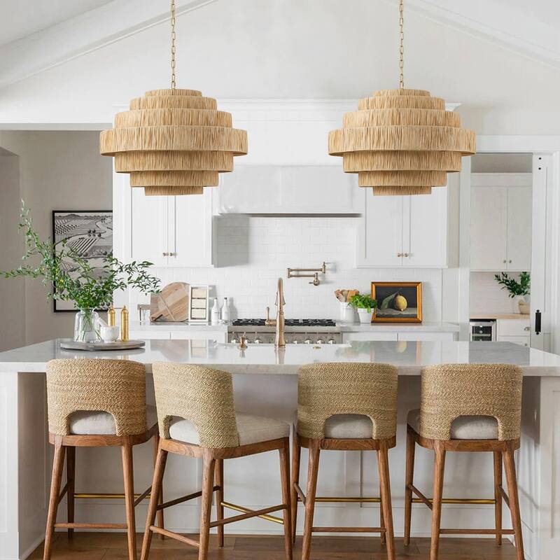 Farmhouse Gold Multi Tiers 5-Light Kitchen Island Pendant Light with Paper Woven Shade