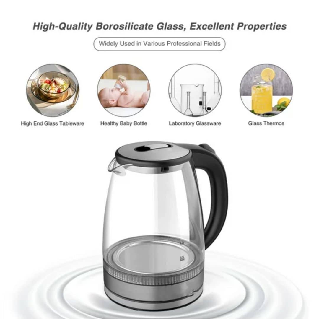 1.7L Glass Boiler Electric Tea Kettle with Blue LED Indicator Light Silver