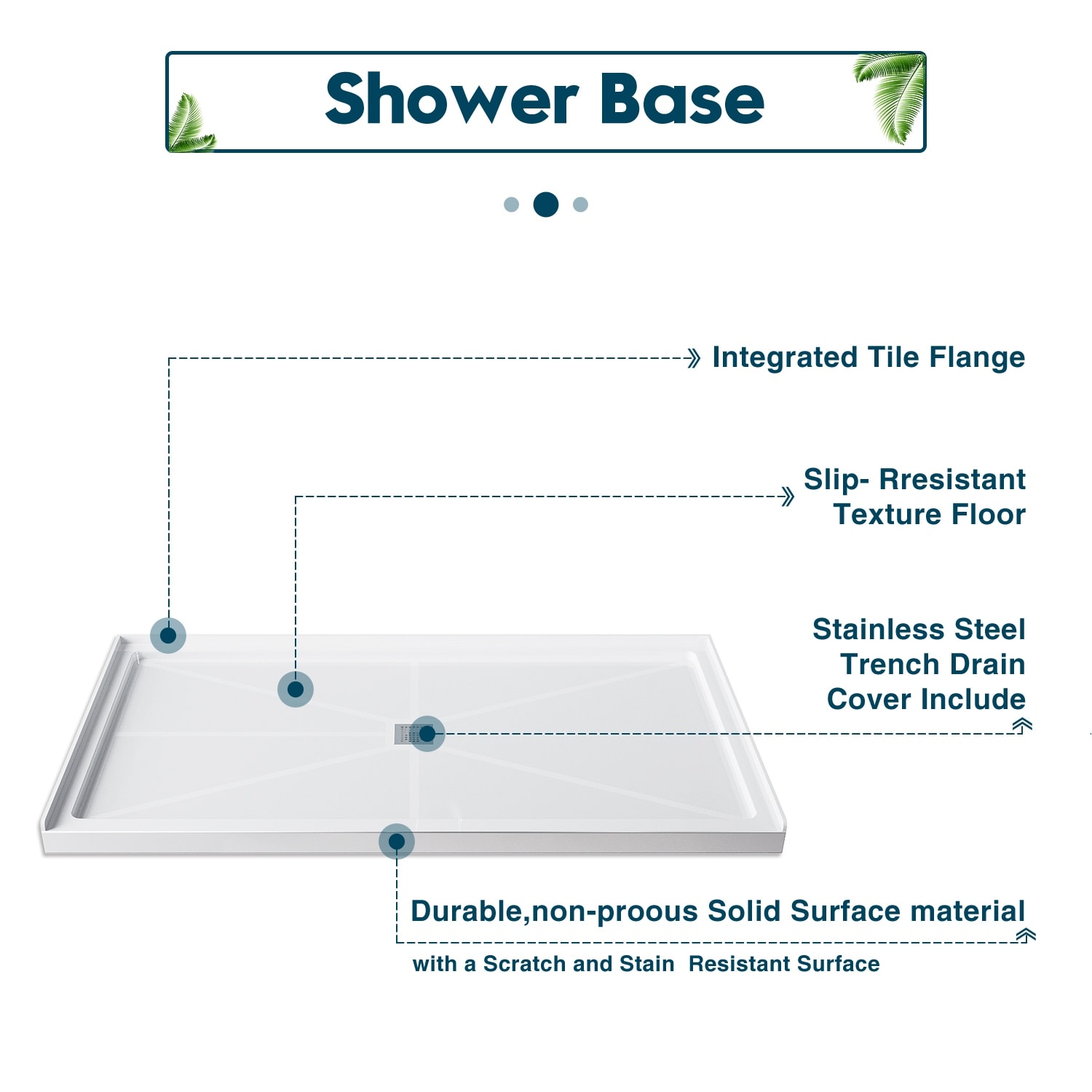 CKB 60 In. L X 34 In. W Left Drain Shower Base, Single Threshold Shower