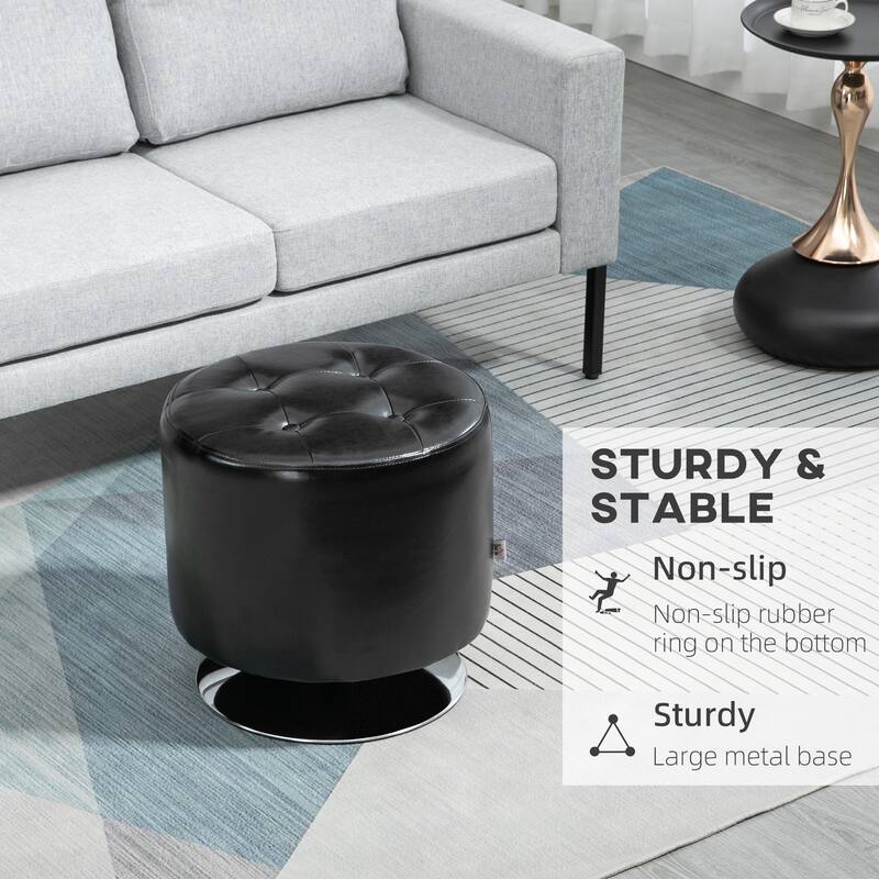 Modern Black PU Swivel Footstool with Button Tufted Seat and Stable Metal Base for Living Room