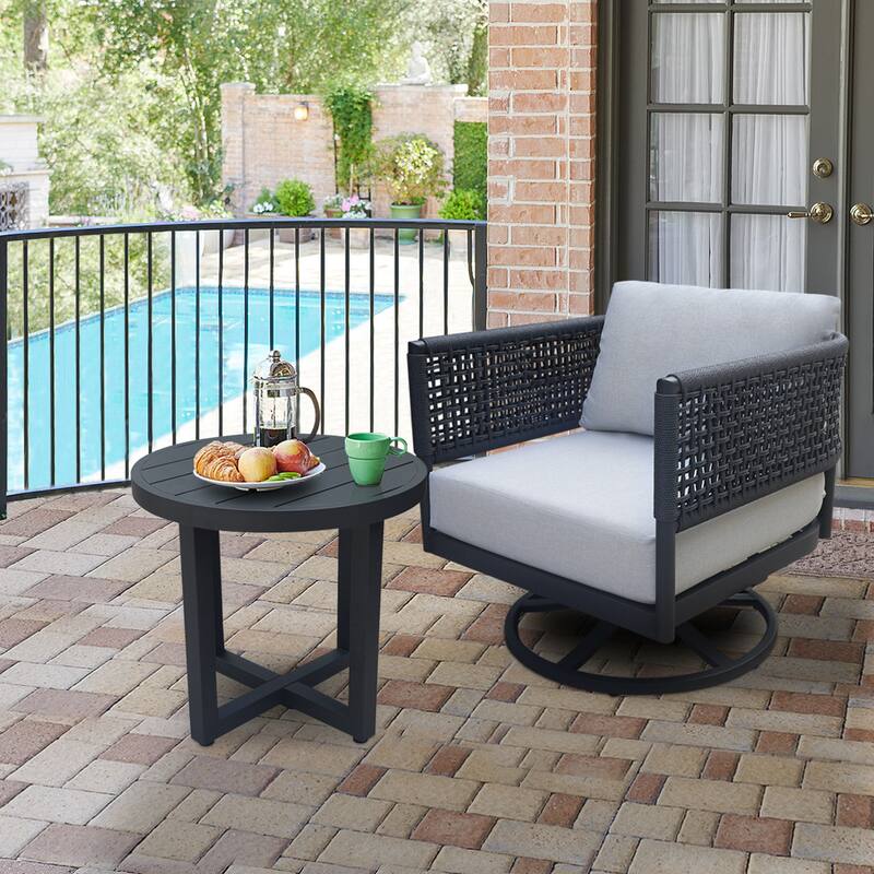 Outdoor 2 Piece Woven Abaca Rope Patio Furniture Set with an End Table and Swivel Rocking Chair