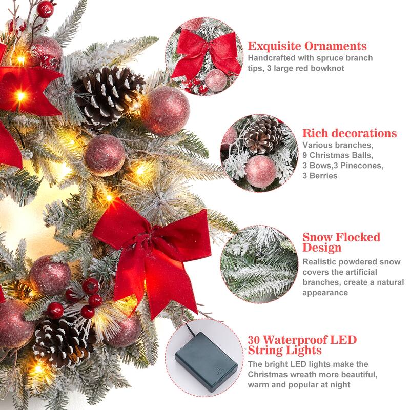 24" Pre-Lit Lighted Flocked Christmas Wreaths for Front Door - N/A