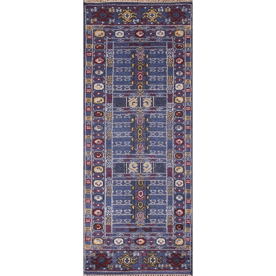 Blue Geometric Kazak Indian Runner Rug Handmade Wool Carpet - 2'7"x 8'0"