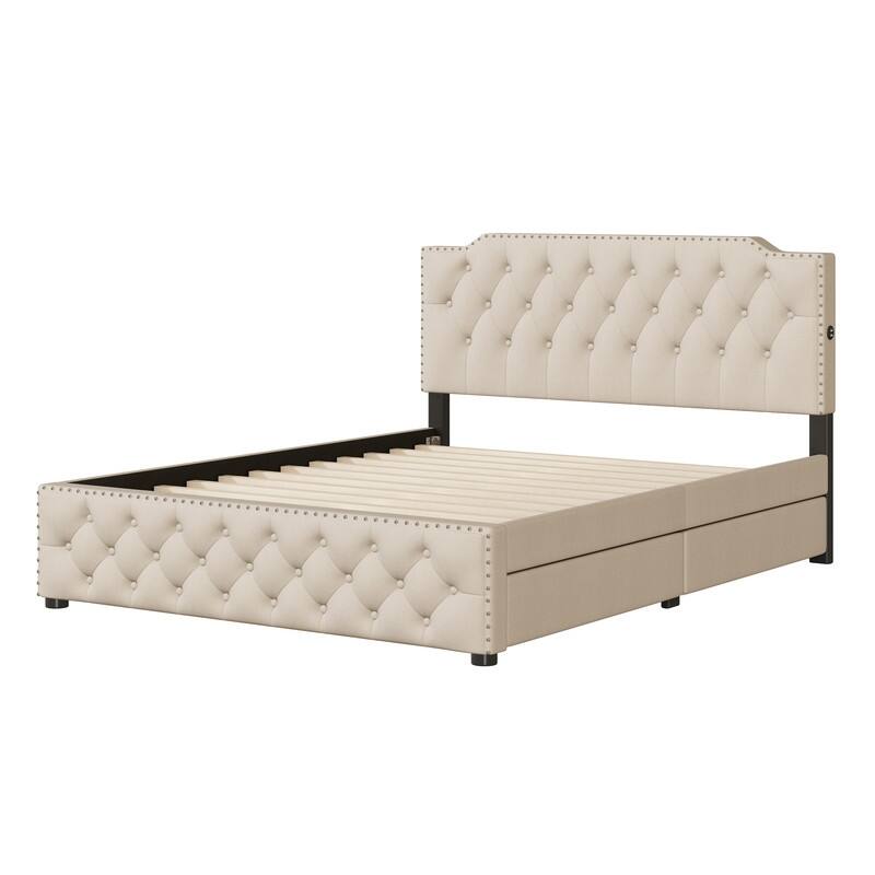 Queen Size Upholstered Platform Bed with 2 Drawers and 2 sets of USB Ports on each side, Linen Fabric