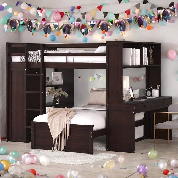 slide 2 of 16, Full size Loft Bed with Twin size Stand-alone bed, Shelves,Desk,and Wardrobe,No Box Spring Required Espresso