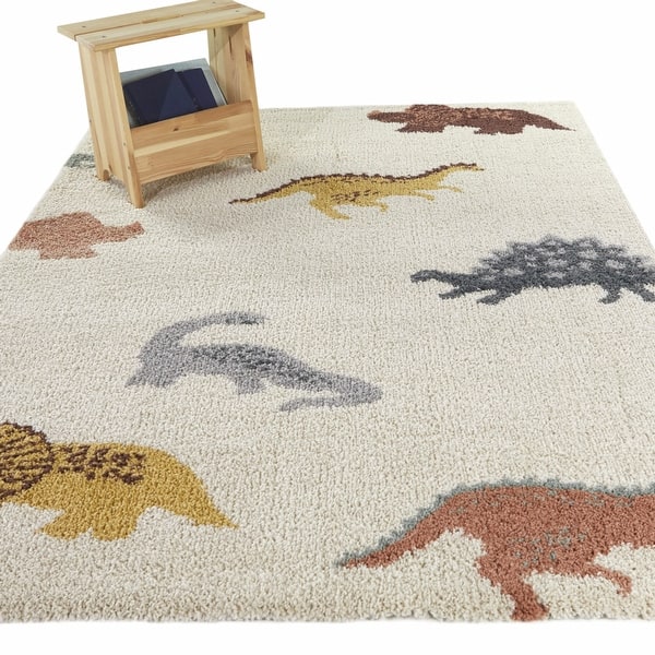 slide 2 of 6, Mod-Tod Dinosaur Kids Dino Shag Area Rug 5'3" x 7' - Cream - Rectangle