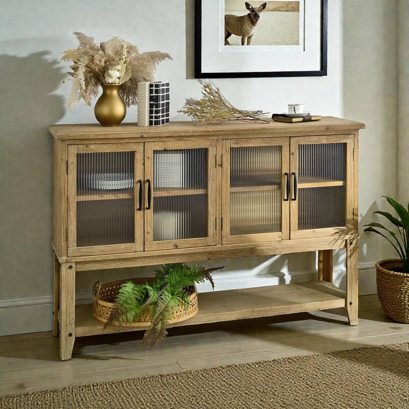59.06 Inch Rustic Wooden Sideboard Cabinet with Glass Doors, Storage Shelf Accent Console for Kitchen and Dining Room
