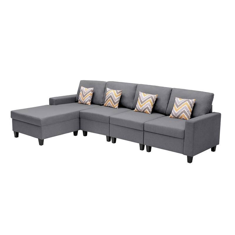 Linen Fabric 4 Piece Reversible Sectional Sofa Chaise with Pillows and Interchangeable Legs in Grey