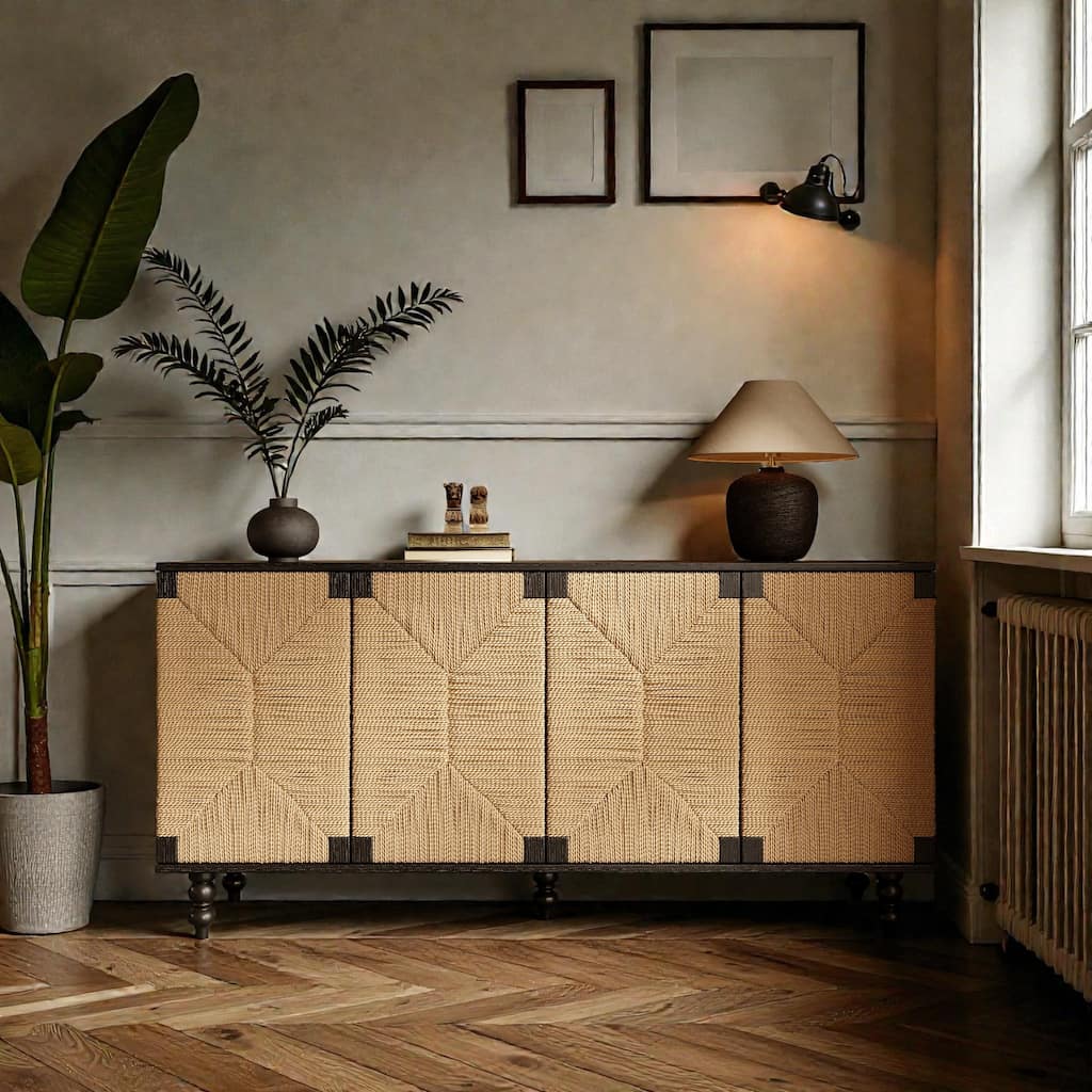Wood Sideboard Buffet Cabinet with Handwoven Seagrass Doors, Black Storage Console for Dining Room and Entryway