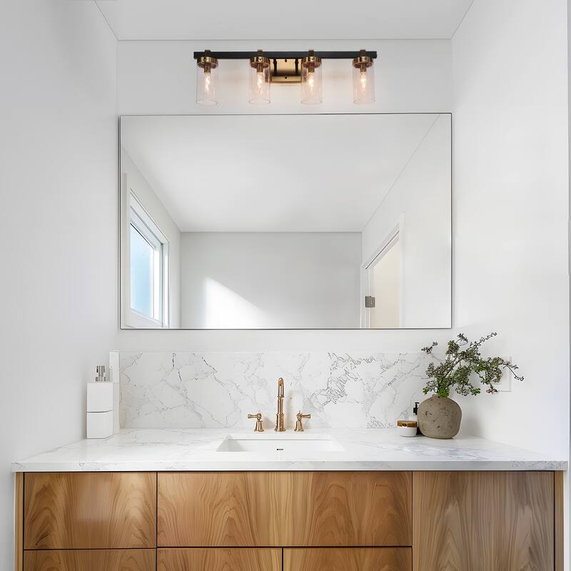 Yilia Modern Black Gold 4-Light Linear Bathroom Vanity Light Glass Wall Lighting - 28" L x 5" W x 8.5" H