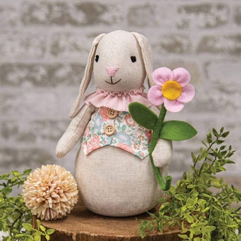 Floral Bunny with Daisy Plush Spring Easter Decor Freestanding Fabric Bunny Figure - 9" H x 5.5" W