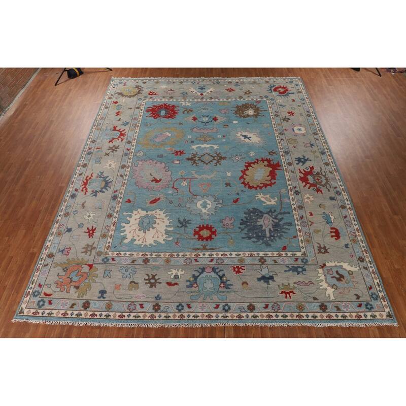 Light Blue Oushak Oriental Large Area Rug Handmade Wool Carpet - 12'0"x 14'11"