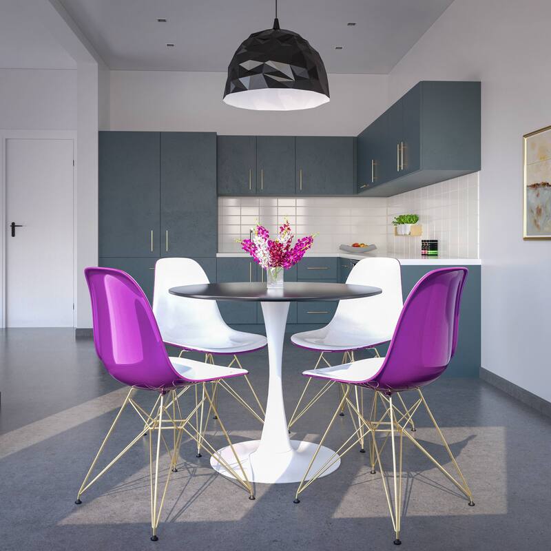 Bristol 5-Piece Dining Set 35" Round Table and 4 Plastic Chairs with Gold Base