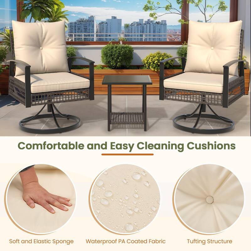 Outdoor Swivel Rocker Patio Chairs Set of 2 with Coffee Table &Cushions, Rattan Bistro Set for Porch, Backyard, Balcony