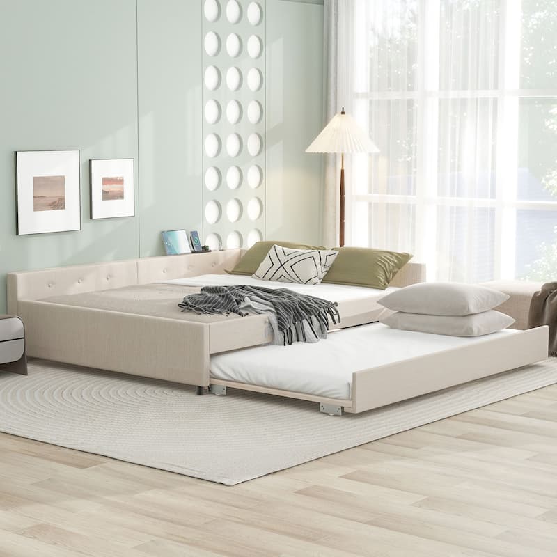 Queen/Full Size Upholstered Platform Bed with USB and Twin Size Trundle
