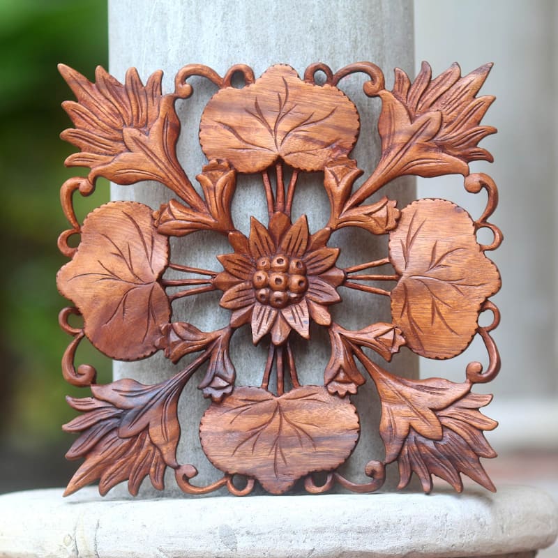 Novica Handmade Lotus Garden Wood Wall Panel