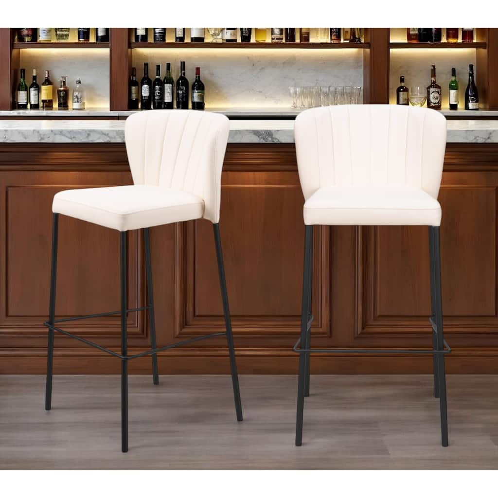 Set of Two 29" Cream And Black Faux Leather And Steel Bar Height Bar Chairs
