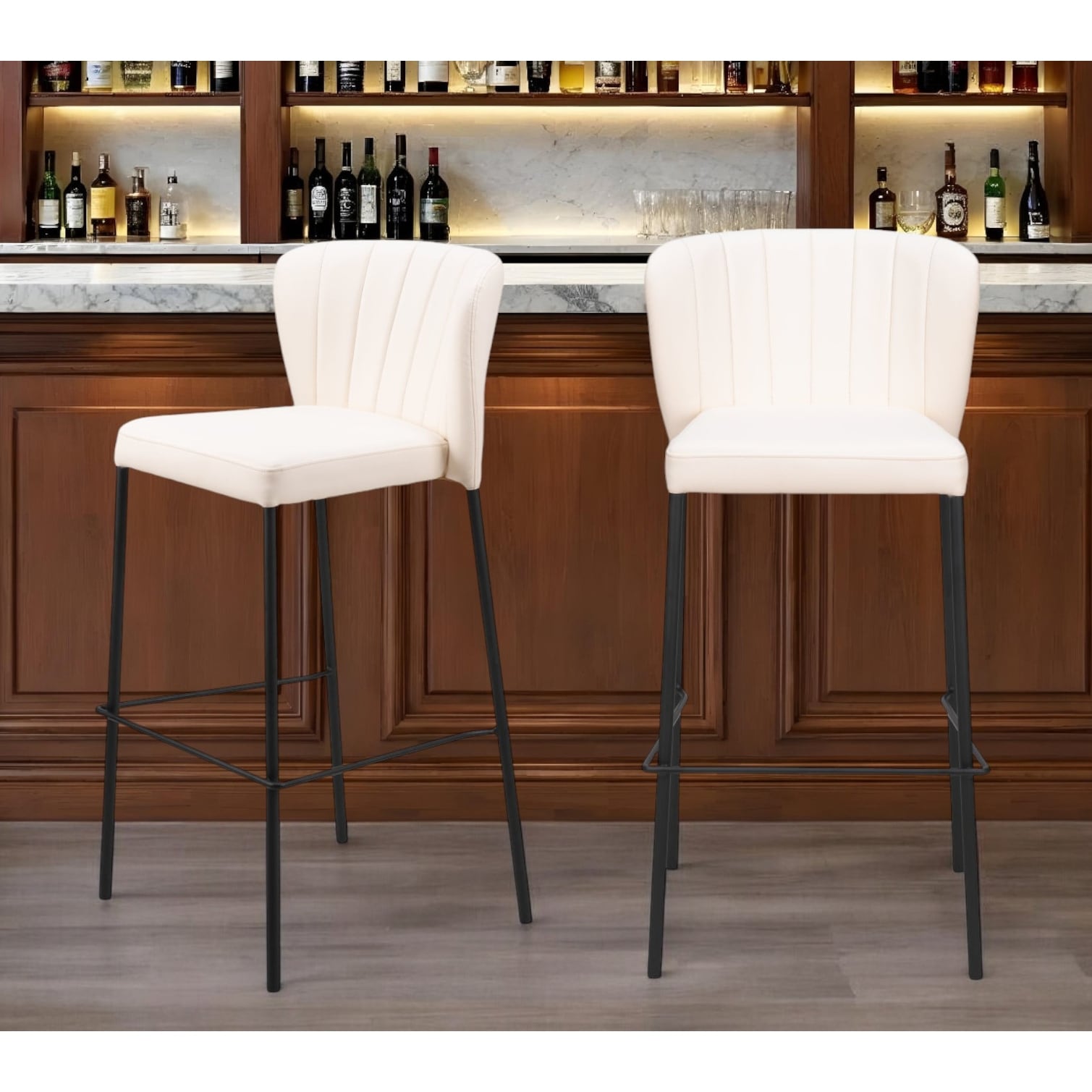 Set of Two 29" Cream And Black Faux Leather And Steel Bar Height Bar Chairs