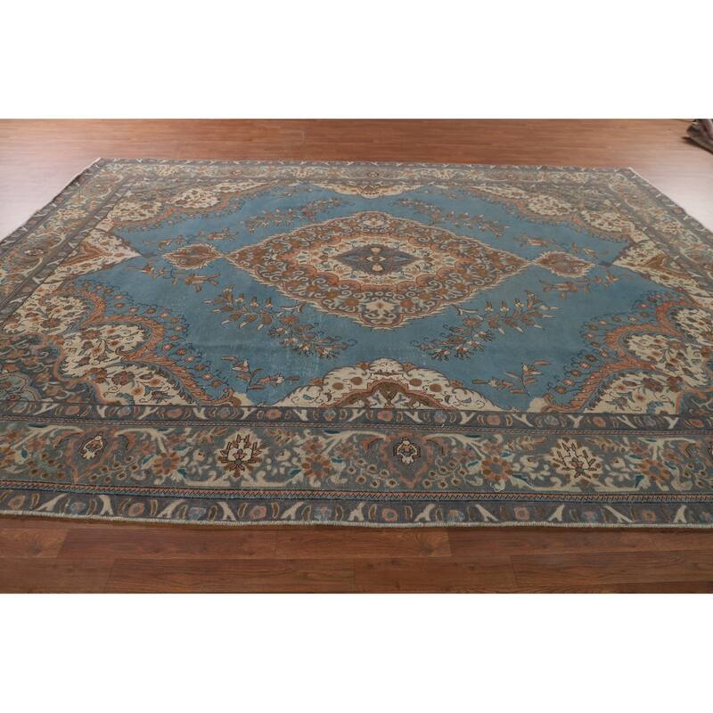 Over Dyed Tabriz Persian Vintage Rug Handmade Blue Wool Carpet - 9'10"x 12'11"