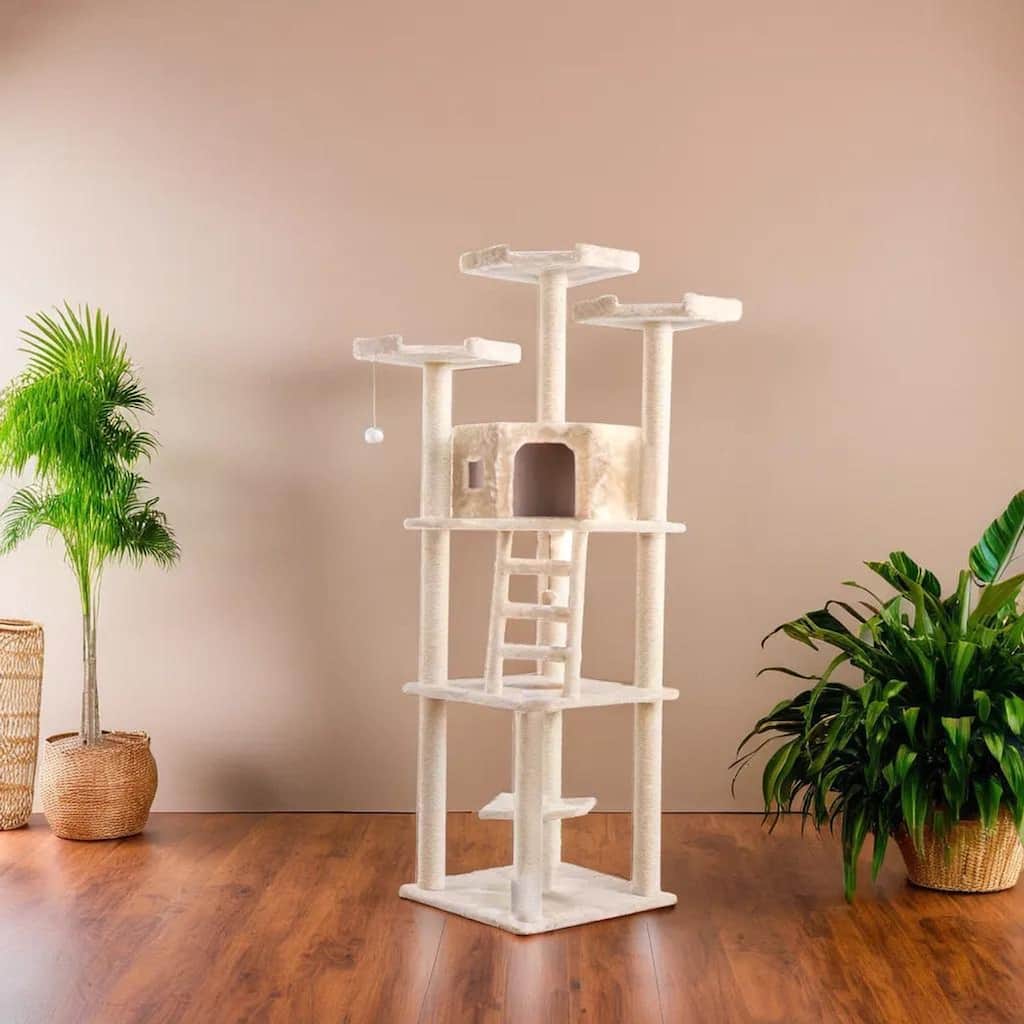 Multi-function Real Wood Cat Tower W Spacious Condo, Perches, Beige
