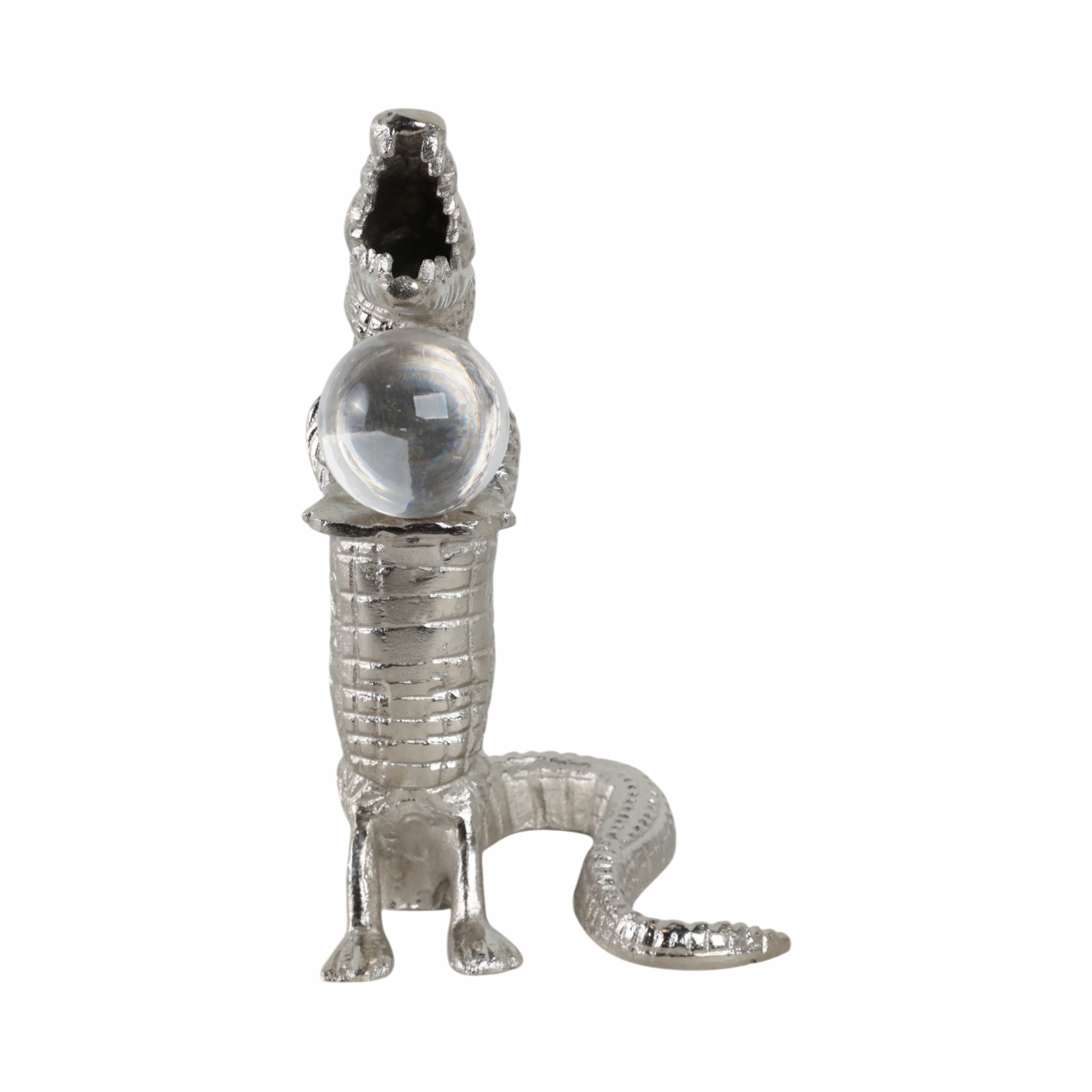 Metal Glass Alligator Figurine Holding Acrylic Clear Orb - 11" Silver - 6.5" x 5" x 10.5"