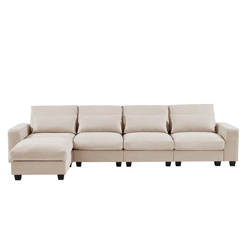 129.9" Chenille L-Shape Sectional Sofa with Reversible Chaise, Feather-Filled Cushions and Spring Support