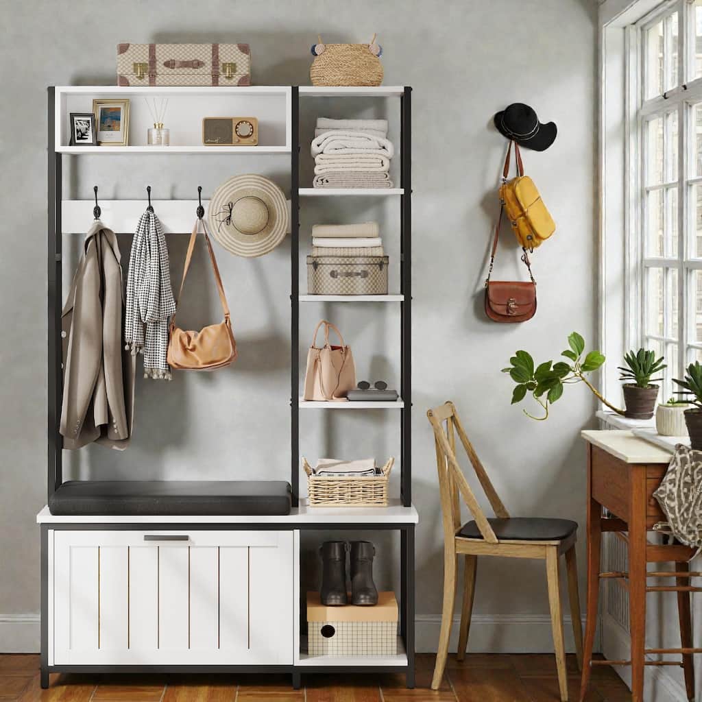 Hall Tree with Bench and Shoe Storage, Entryway Coat Rack with Flip Shoe Cabinet, Cubby Shelves and Hooks
