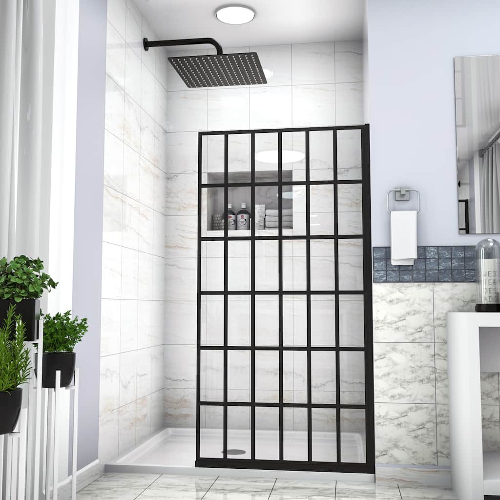 Single Panel Framed Fixed Shower Door in Matte Black