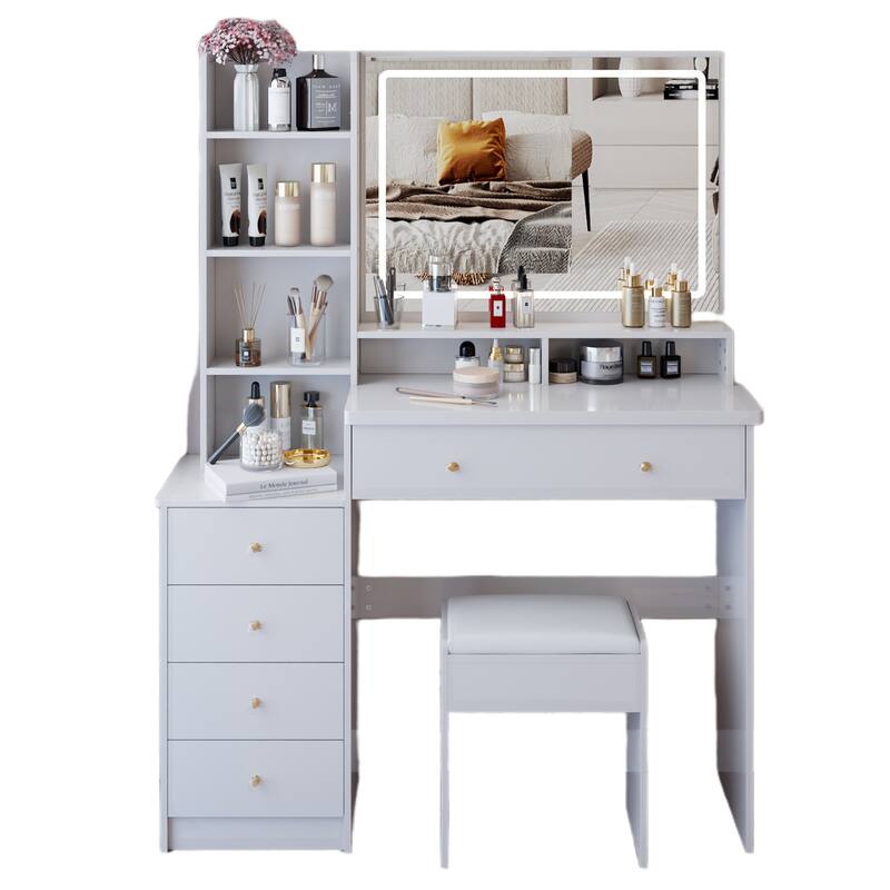 41" Large Vanity Set with 3-Color LED Mirror and Cushioned Stool