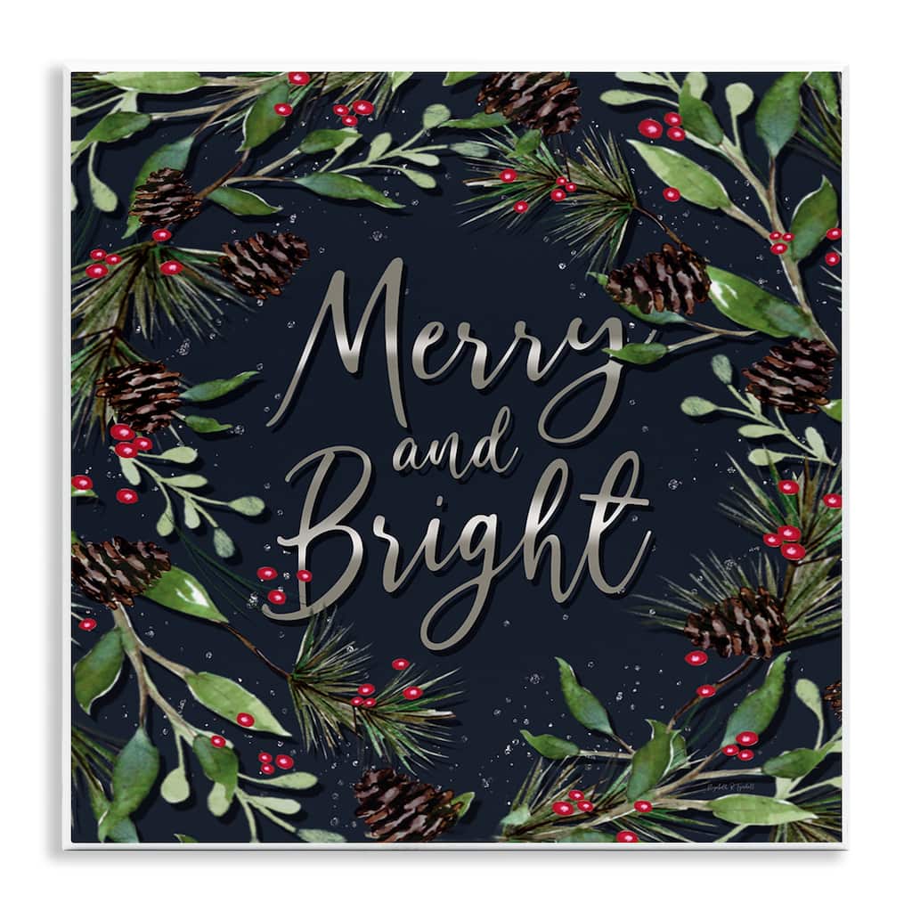 Stupell Merry & Bright with Holly Leaves Wall Plaque Art Design By Elizabeth Tyndall