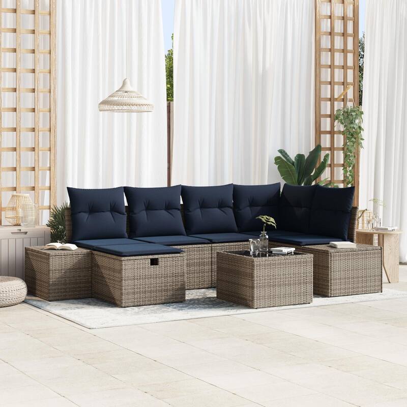 vidaXL 6/7 Garden Sofa Set with Cushions Black/Brown/Grey Poly Rattan - 103.9 x 60.6 x 27.2 - Grey with table