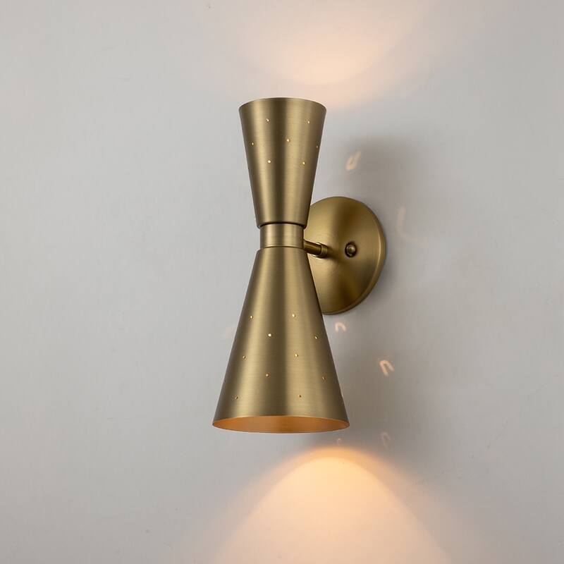2-Light Mid-Century Modern Metal Up&Down Dual Horn Hourglass Vanity Light Industrial Cone Wall Sconce - Gold