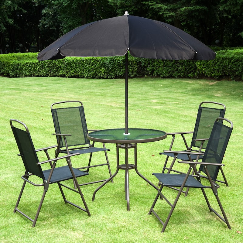 6 Pcs Folding Patio Dining Set, All-Weather Patio Furniture Set with Umbrella, Glass Table and 4 Folding Chairs