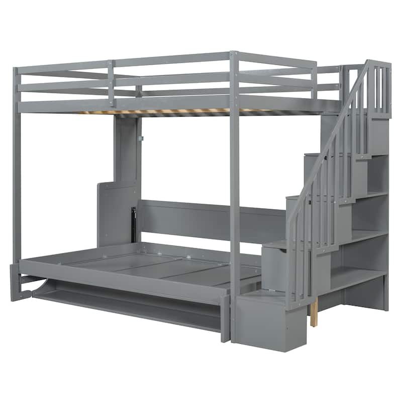 Full Over Full Size Murphy Bed with Hydraulic Lift & Desk Design, Gray