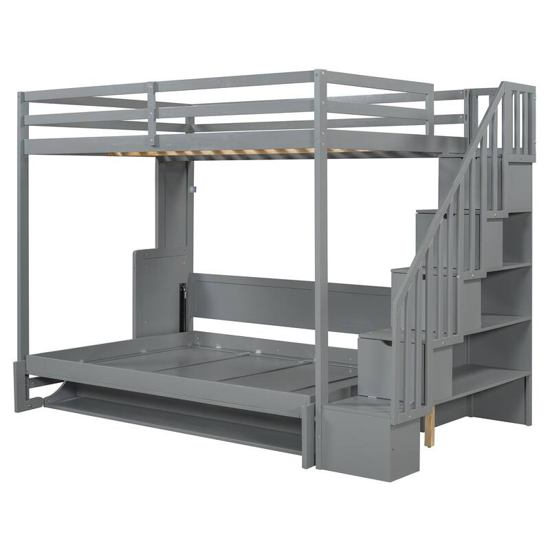 Full Over Full Size Murphy Bunk Bed Convertible Loft Bed with Hydraulic Lift, Hidden Desk and Storage Stairs for Kids