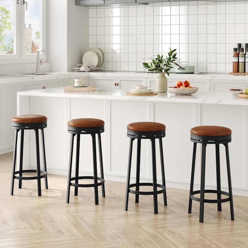 30'' Swivel Bar Stools Set of 4, Counter Height Bar Stools with Footrest，Backless Round Design with Waterproof - Brown - 4-Piece