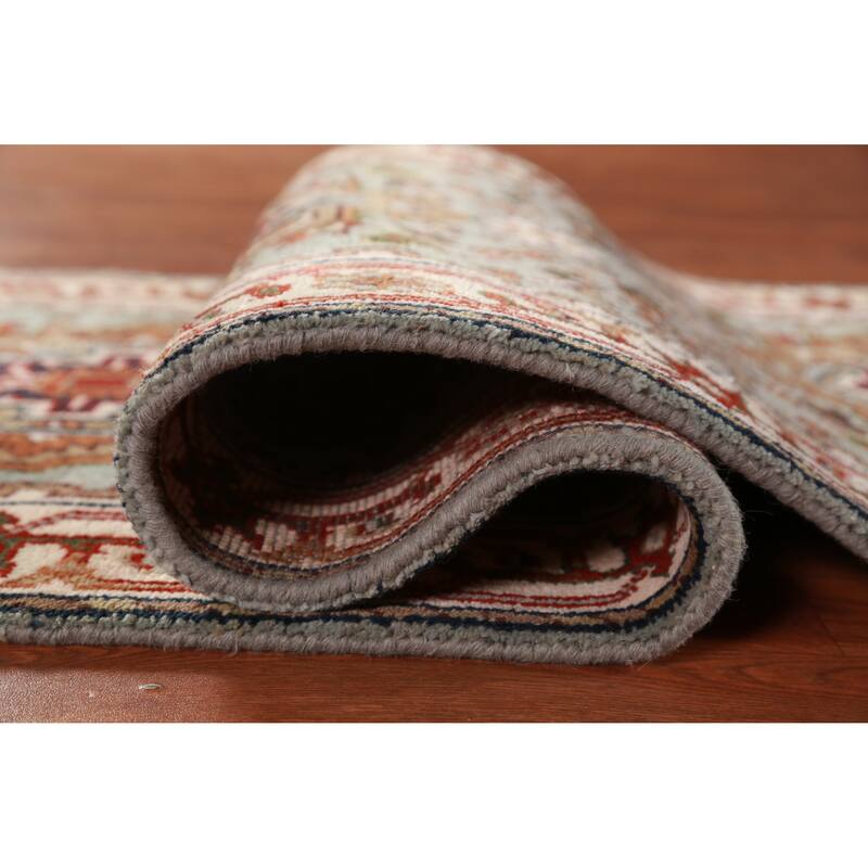 Hand Knotted Oriental 100% Wool Carpet Traditional Geometric Green Heriz (serapi) Runner Rug - 10' 2'' X 2' 6''