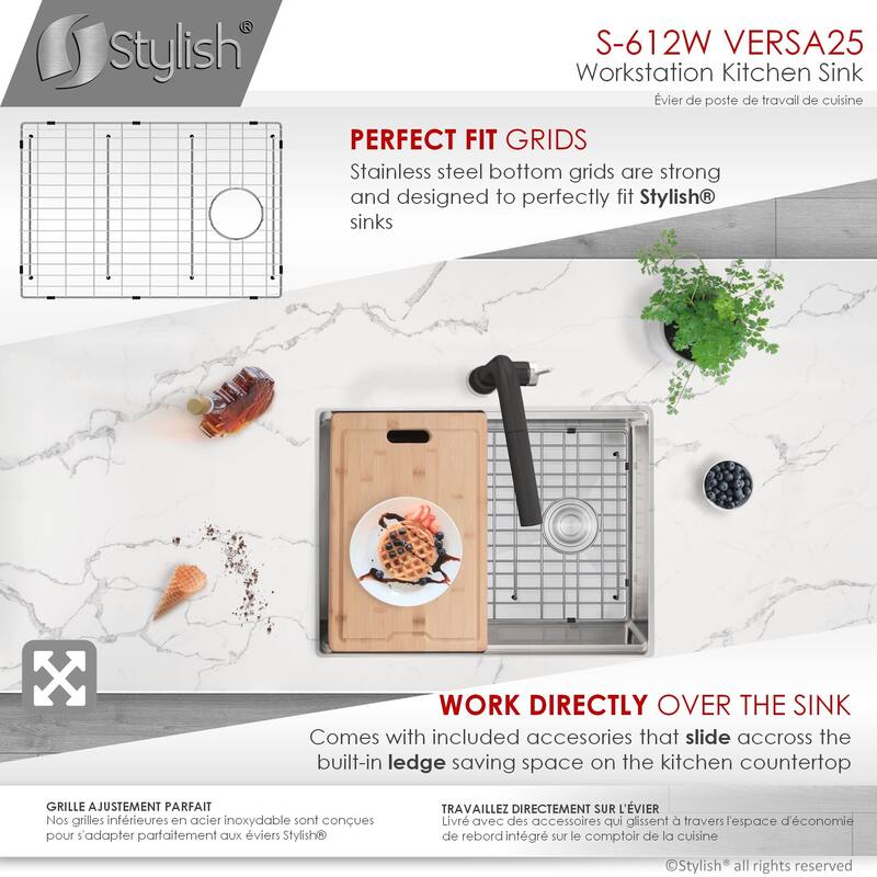 STYLISH 25 inches Workstation Single Bowl Undermount 16 Gauge Stainless Steel Kitchen Sink with Built in Accessories Handmade