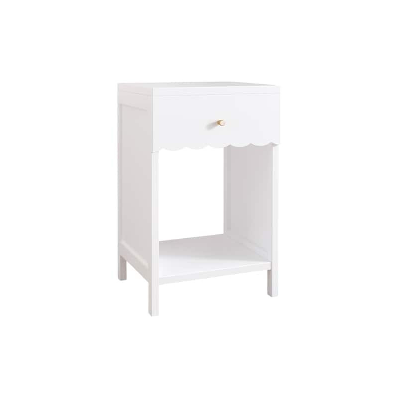 Modern White Nightstand With Drawer And Open Shelf,Scalloped Edge Bedside Table For Bedroom,Cute Minimalist Side Table