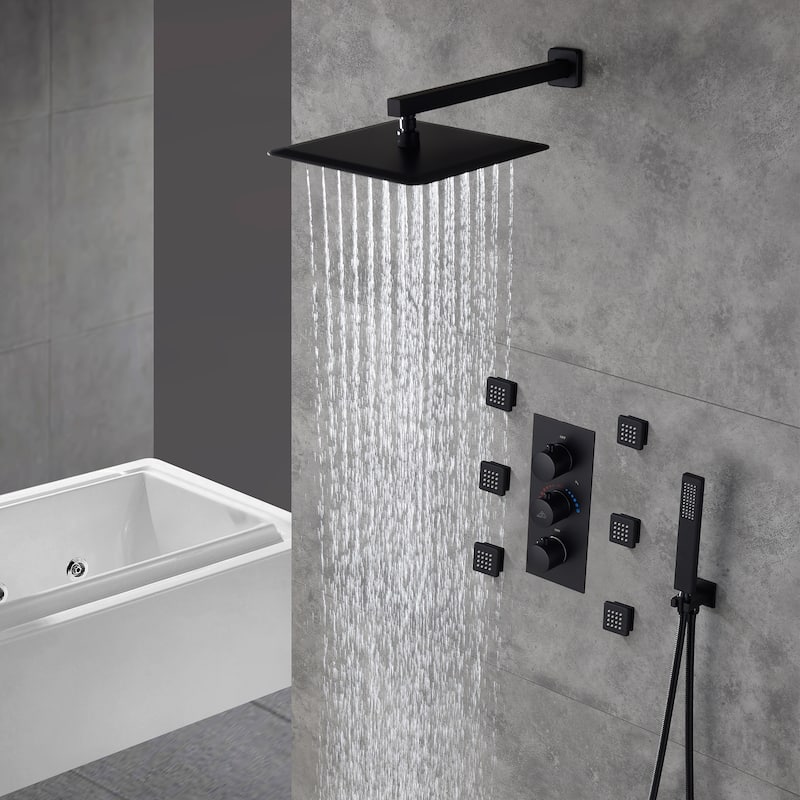 Thermostatic 12 in. Wall Mount Shower System with 6 Body Sprays