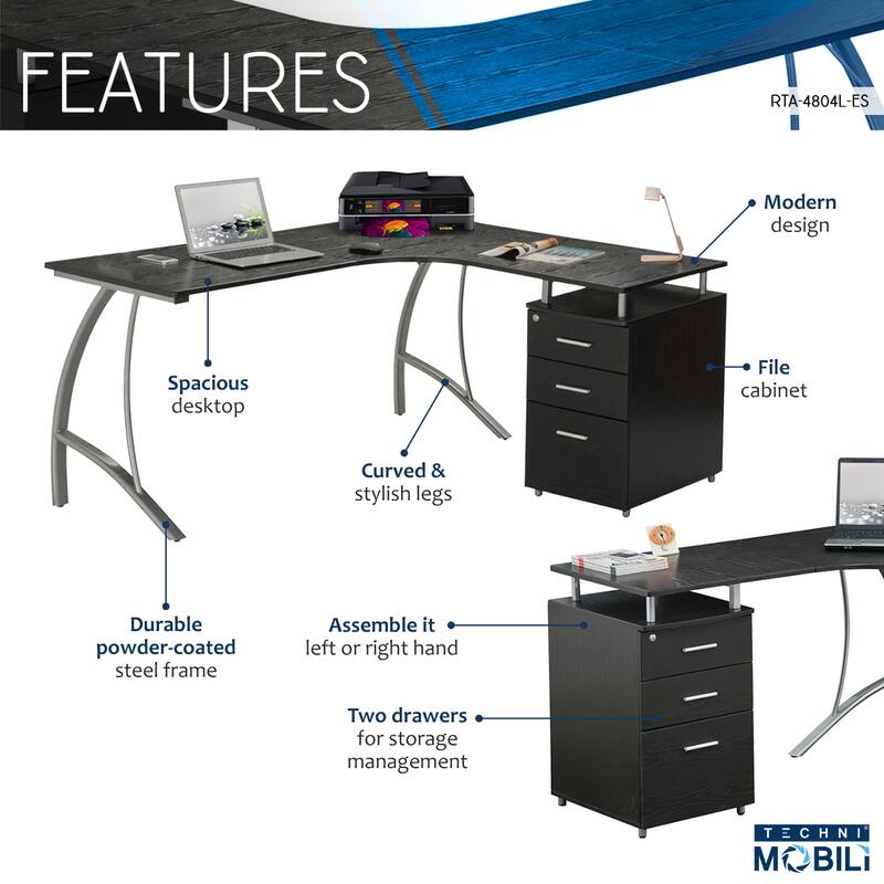 Contemporary L-Shaped Desk with Built-in Storage Cabinet, File Drawer, and Scratch-Resistant Steel Legs